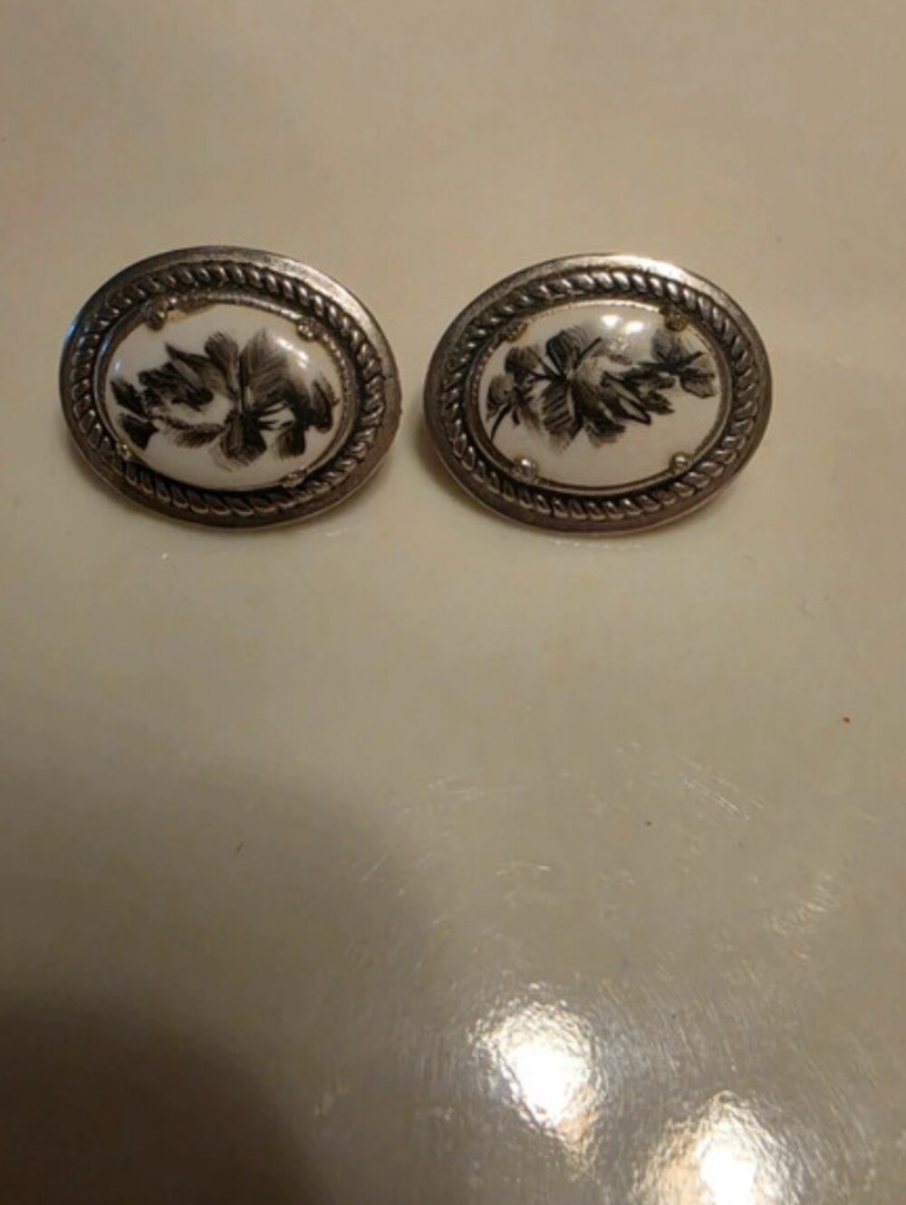 Vintage Whiting & Davis Silver-Tone Intaglio Floral Clip-On Earrings